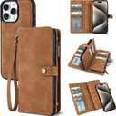 TwoHead Wallet Case Compatible with iPhone 15 Pro Max,Detachable Magnetic Phone Case,All-Round Shockproof Protective Leather Phone Case with Card Holder,6.7 in,Brown