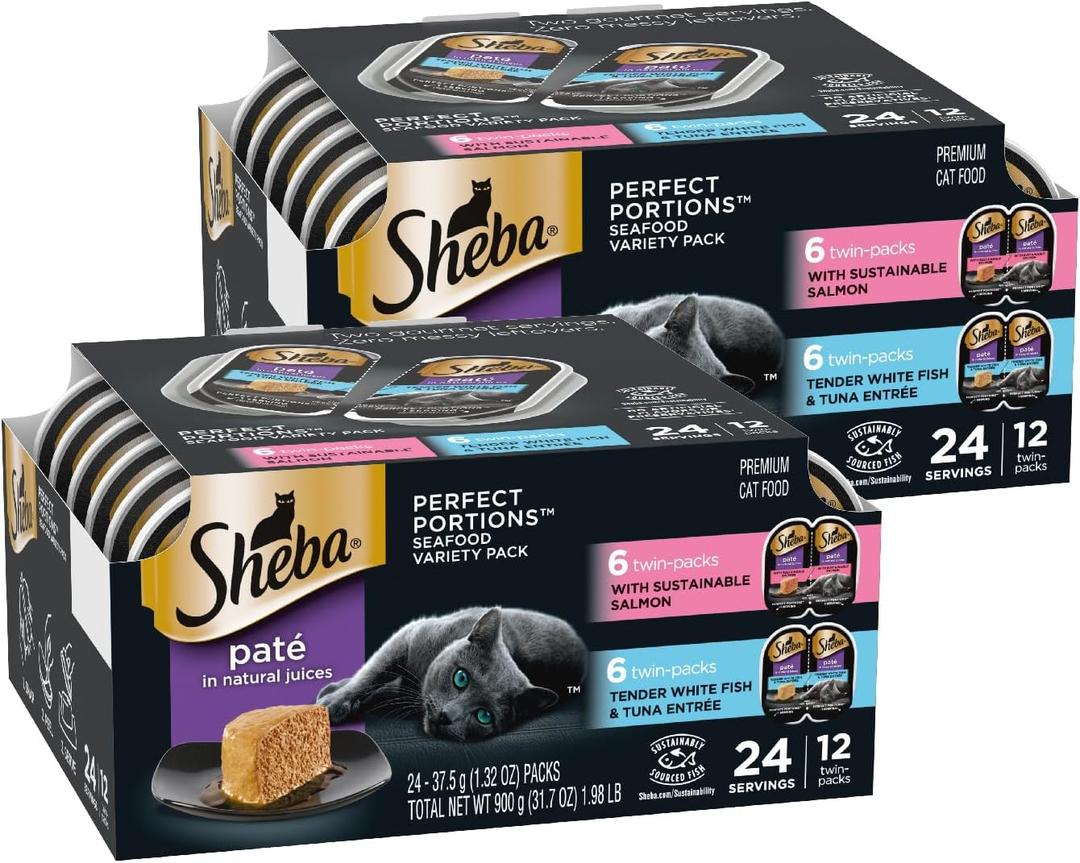 Sheba Perfect Portions Wet Cat Food Pate, Sustainable Salmon and Tender Whitefish & Tuna Entree, Cat Food Wet Recipe Variety Pack, 2.6 oz. Twin-Pack Trays (12 Count, 24 Servings) (Pack of 2) (EXP 06/28/28)