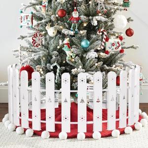 Christmas Tree Fence, White Picket Fence for Toddler Cat Dog Pet Safety, Decorative Fence Around Artificial Real Xmas Trees Indoor, Freestanding Barrier, Plastic PVC Heavy Duty, Circle Diameter 55" (28 PCS)