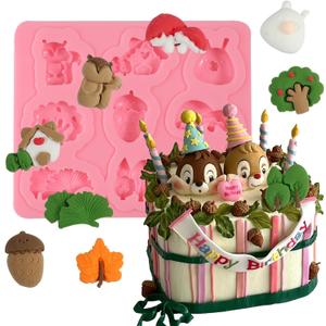 1 Pcs Squirrel Hazelnut Candy Fondant Mold, Ginkgo Maple Leaf Cake Decoration Silicone Mold, for Forest Theme Party Cake Decoration Cupcake Topper Chocolate Cookie Dough UV Resin Clay