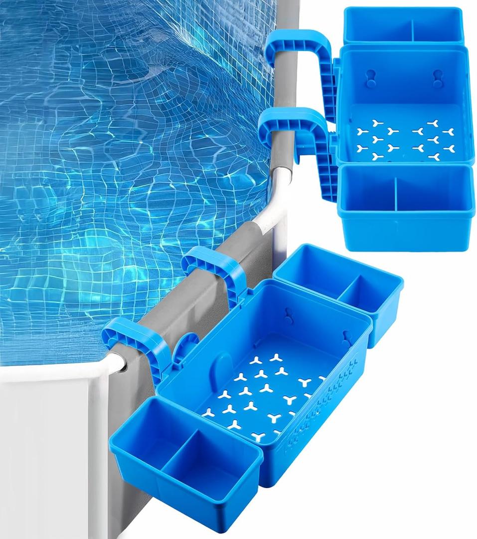 2025 Upgrade2 Sets Poolside Storage Basket with 2 Cup Holder, Above Ground Pool Accessories, Pool Basket Storage Fit for Most Above Ground Swimming Pools Blue