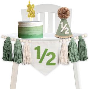 Wild Green Half Birthday Docoration, 1/2 Birthday Boy High Chair Banner with Handmade Hat and Candle, Half Way to One Baby Boy 6 Month Party Supply