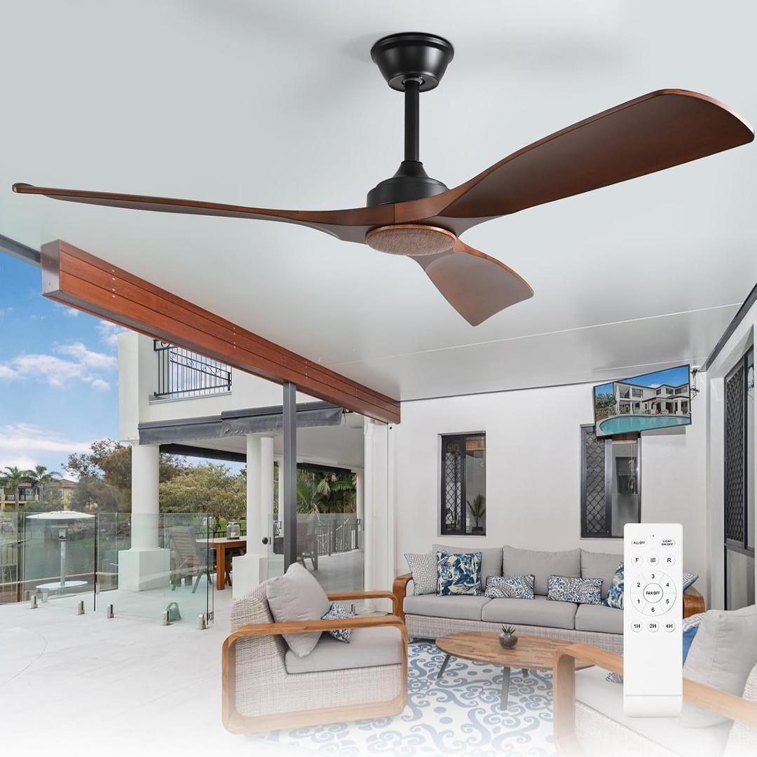 Depuley Ceiling Fan Without Light: 52 Inch 3 Blade Outdoor Fans for Patios - Walnut Ceiling Fan No Light Indoor Remote Control Ultra Quiet DC Motor Reversible 6 Speed Timer