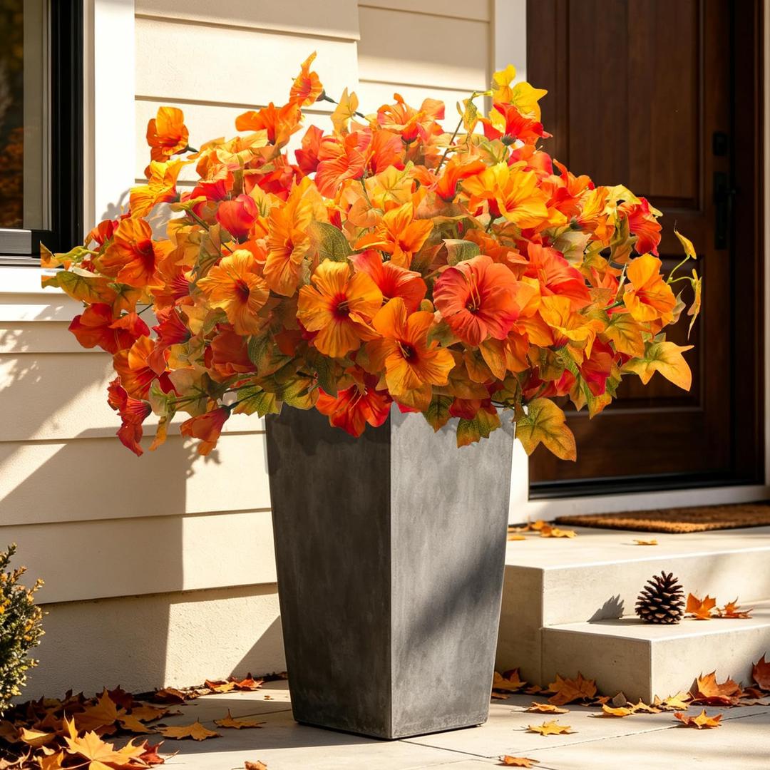 AITISOR Artificial Fall Flowers, Fake Petunias Plants for Outdoor Planters UV Resistant Faux Fall Flowers for Front Door Porch Patio Yard (Orange Yellow), 
Product Dimensions	15"D x 3.8"W x 3.8"H