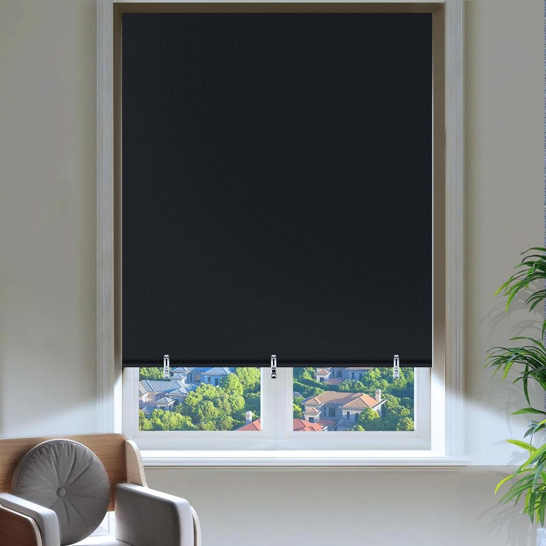 Blackout Curtains for Bedroom, Self Adhesive Indoor Blackout Blinds, No Drilling or Tools, UV Protection, Portable Roller Window Shades Cover for Living Room Office or RV Travel (26W  68" H, Black)