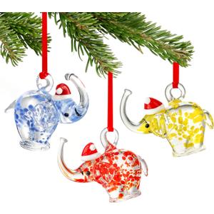 HDCRYSTALGIFTS 3PCS Glass Elephant Ornaments Hand Blown Glass Elephant with Christmas Hat Ornaments Christmas Tree Hanging Decoration Home Xmas Holiday Decor