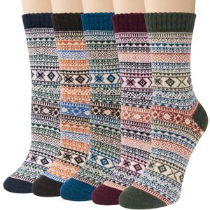 Justay 5 Pairs Wool Socks for Women - Winter Thick Boot Cozy Crew Vintage Soft Calf Knit Warm Socks Gifts (One Size, Brown Blue Black Blue Dark Reg Green)