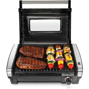Hamilton Beach Electric Indoor Searing Grill with Viewing Window & Adjustable Temperature Control to 450F, 118 sq. in. Surface Serves 6, PFAS-Free Removable Nonstick Grate, Stainless Steel