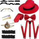 SATINIOR 1920s Old Men Costume Roaring Retro Accessories Set Gangster Hat Bow Tie Pocket Watch Suspender Glass Beard Tie Clip (Delicate Style, Red)
