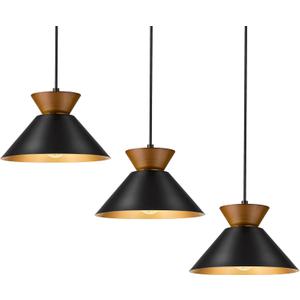 ELYONA 3 Pack Modern Pendant Lights Kitchen Island, Solid Wood Hanging Lamp with Matte Black Metal Shade & Gold Inner Finish, Farmhouse Pendant Light Fixtures for Dining Room, Bedroom, Living Room