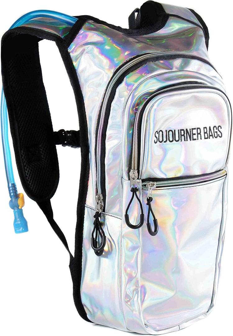 Sojourner Hydration Pack, Hydration Backpack - Water Backpack with 2l Hydration Bladder, Festival Essential - Rave Hydration Pack Hydropack Hydro for Hiking, Running, Biking, Festival Gear (Holographic - Silver)
