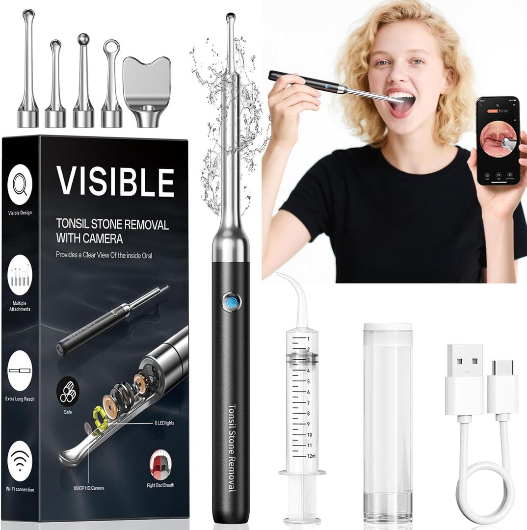 Tonsil Stone Remover with Camera - Upgraded Visual Tonsil Stone Removal Kit with 6 LED Light -Tonsil Stone Remover Tool with 1080P Camera, 5 Stainless Steel Heads, Irrigator,for iOS & Android (Black)