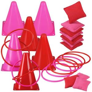 PullCrease 30 Pcs 3 in 1 Carnival Games Set Ring Toss Valentines Day Games for Kids Soft Plastic Cones Bean Bags Combo Set for Indoor Outdoor Party Supplies