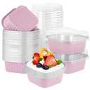 100Pcs Square Aluminum Baking Cake Pans with Clear Plastic Lids, Foil Pie Tin Tart Pans Disposable Ramekins Browni Baking Cups Dessert Cups for Wedding Birthday Party,5oz Pink