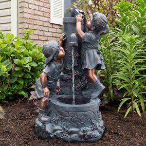 Pure Garden Outdoor Water Fountain with Boy and Girl, Antique Bronze Design and Soothing Sound for Decor on Patio, Lawn and Garden