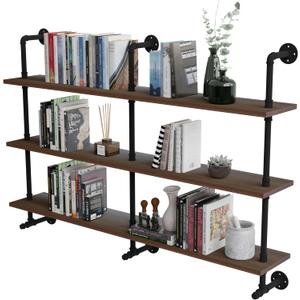 Industrial Pipe Wall Shelves Pipe Shelving,Natural Wood 60 Inches Long Walnut Floating Shelves for Wall Farmhouse Pipe Book Shelves for Kitchen,Living Room, Bar Shelving