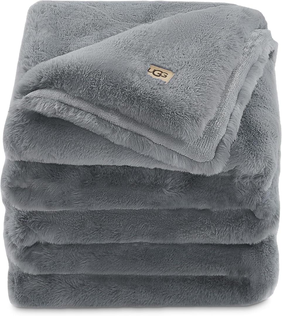 UGG Euphoria Plush Faux Fur Throw Blanket Medium Weight Reversible Luxury Soft Throw for Couch Bed or Chair Hypoallergenic Machine Washable Home Decor Blanket, 50-inch x 70-inch, Chambray Blue Grey
