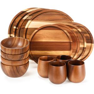 Maxdot 16 Pcs Acacia Wood Dinnerware Set, Round Wooden Plates,Solid Wooden Bowls and Tea Cups, Acacia Wood Tableware Supplies, Easy Cleaning & Lightweight for Dishes Snack, Dessert, Set for 4