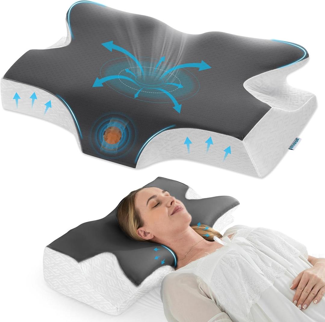 Elviros Cervical Neck Pillow for Sleeping, Memory Foam Pillow for Neck Pain Relief, Side Sleeper Cooling Pillows for Adults, Neck Support with Removable Pillowcase for Back & Stomach Sleepers (Queen Size 26Lx16.5Wx(4.3"-5")H, Dark Gray)