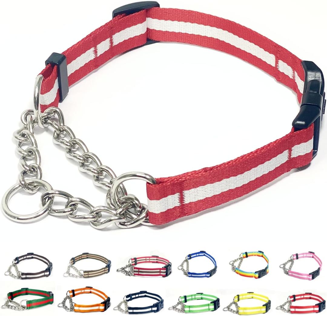 Martingale Collar for Dogs,Adjustable Nylon Collars with Quick Release Buckle,Multicolor Stripe,Stainless Steel Chain NO Pull Training Collars for Samll Medium Large Dogs(Red and White,L) (L-(Dogs neck 21-27inches))