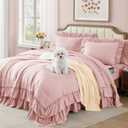 AMBERSPACE Queen Comforter Set Soft Pink, Ruffle Shabby Chic Bedding Set Farmhouse 7 Pieces, All Season Fluffy Bed in a Bag with Sheets, Pillowcases & Shams