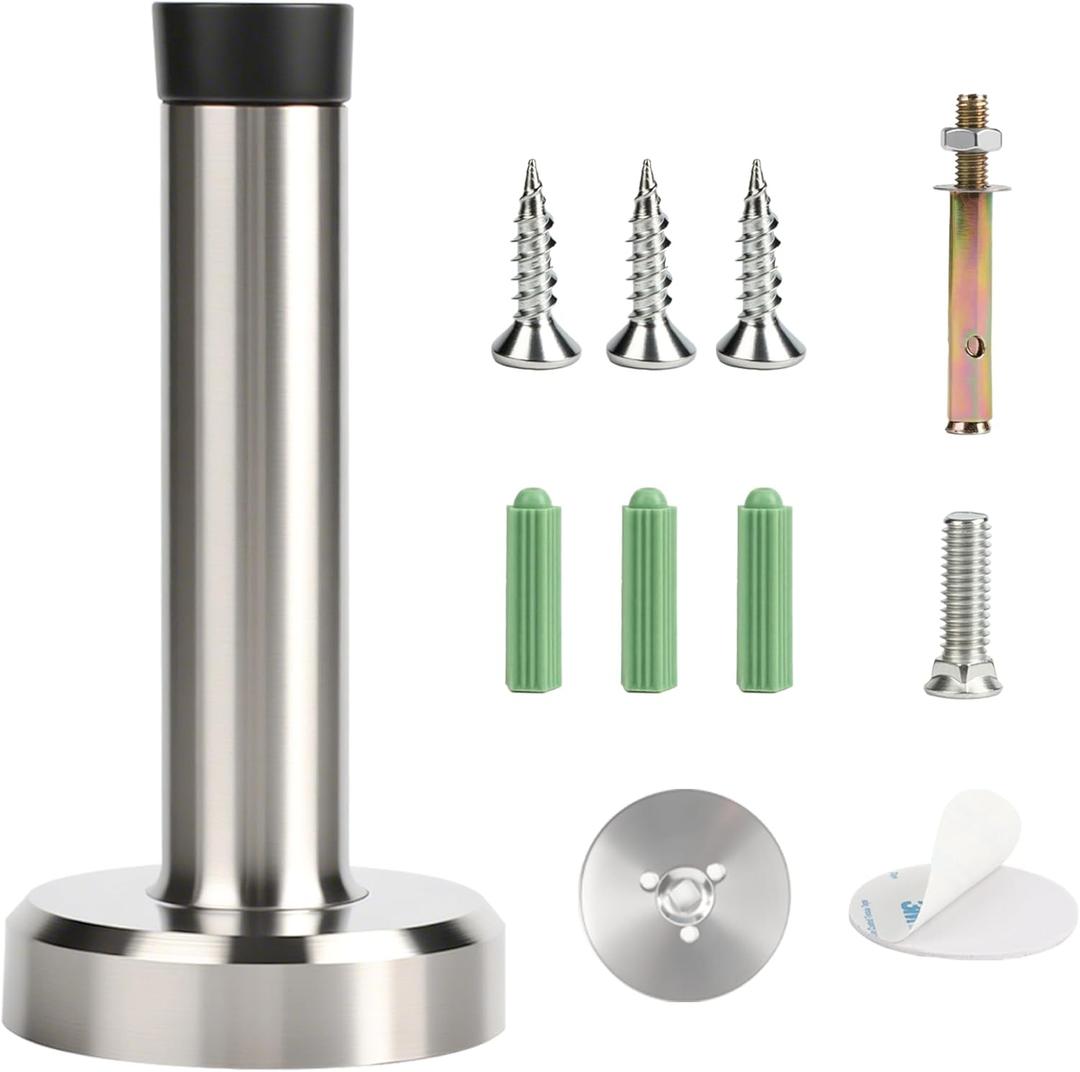 Wall Mounted Door stoppers, Heavy Duty Stainless Steel Door Stop with Rubber Buffer, Door Stopper for skirtings, Doorstop with Screws and Adhesive Tape, Protect Doors and Walls(Silver 1 Pcs)