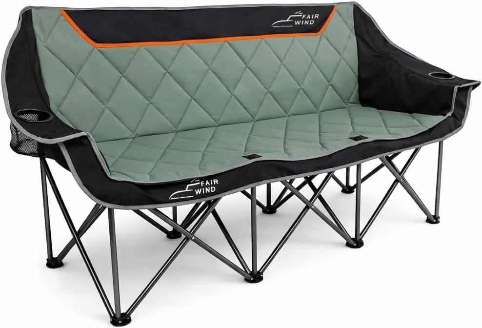 FAIR WIND Oversized 3 Person Camping Chair Padded Triple Loveseat Folding Camping Couch Duo Chair Heavy Duty Quad Fold Arm Chair with Cup Hold - Supports 900 LBS Black