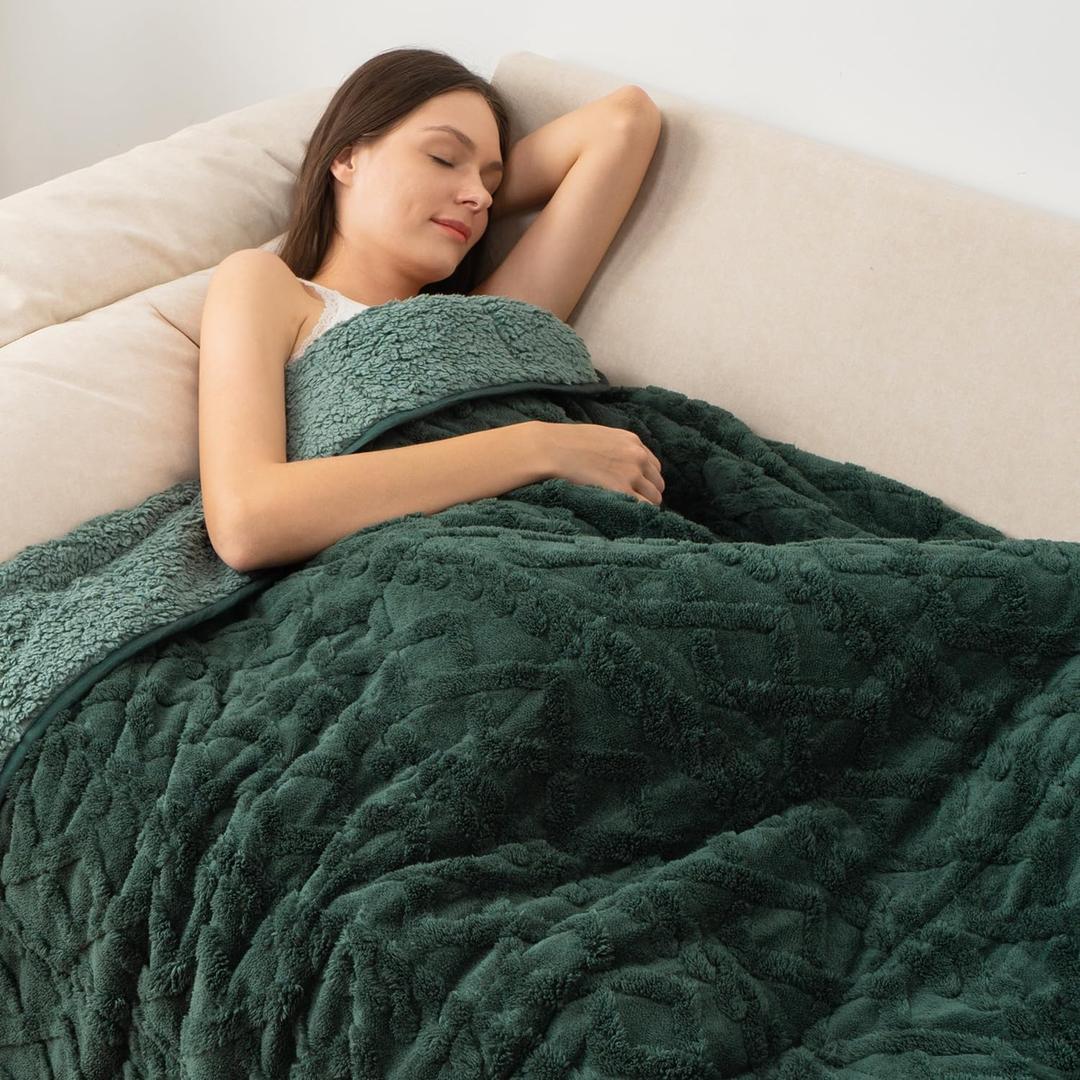 Wemore Weighted Blanket for Adults Twin Size 15 lbs, Dual Sided Soft Fuzzy Jacquard Sherpa Weighted Blankets for Sleeping, Cozy Fluffy Knitted Heavy Blanket for Couch Bed, Green, 60 x 80 inches