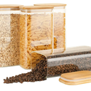 56oz Rectangle Airtight Glass Storage Containers with Bamboo Lids (Set of 4), Square Food Storage Jar, Pantry Organizers for Oats, Cereal, Pasta and Coffee beans (‎with Black Lable)