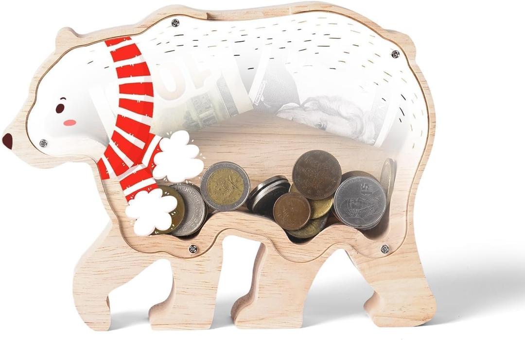 Wooden Bear Piggy Bank for Kids, Polar Bear Piggy Bank with Acrylic Panels, Unbreakable Toddler Money Box for Boys Girls, Cute Saving Coin Jar for Home Dcor, Birthday, Easter Gifts for Kids (Large)