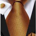 Dubulle Mens Paisley Floral Silk Tie for Men Striped Necktie and Pocket Square Cufflinks Set Wedding Business (Deep Gold)