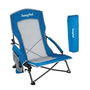 SUNNYFEEL Low Folding Beach Chair for Adults, Portable Lightweight Sling Beach Camping Chairs with Cup Holder, Armrest,Foldable Camp Lawn Chair for Outdoor Sand Concert Travel Sport Events,300LBS