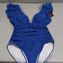 Women's One Piece Ruffle Swimsuit Tummy Control Bathing Suit V Neck Shell Stitched Swim Suit Slimming Swimwear  color Blue M