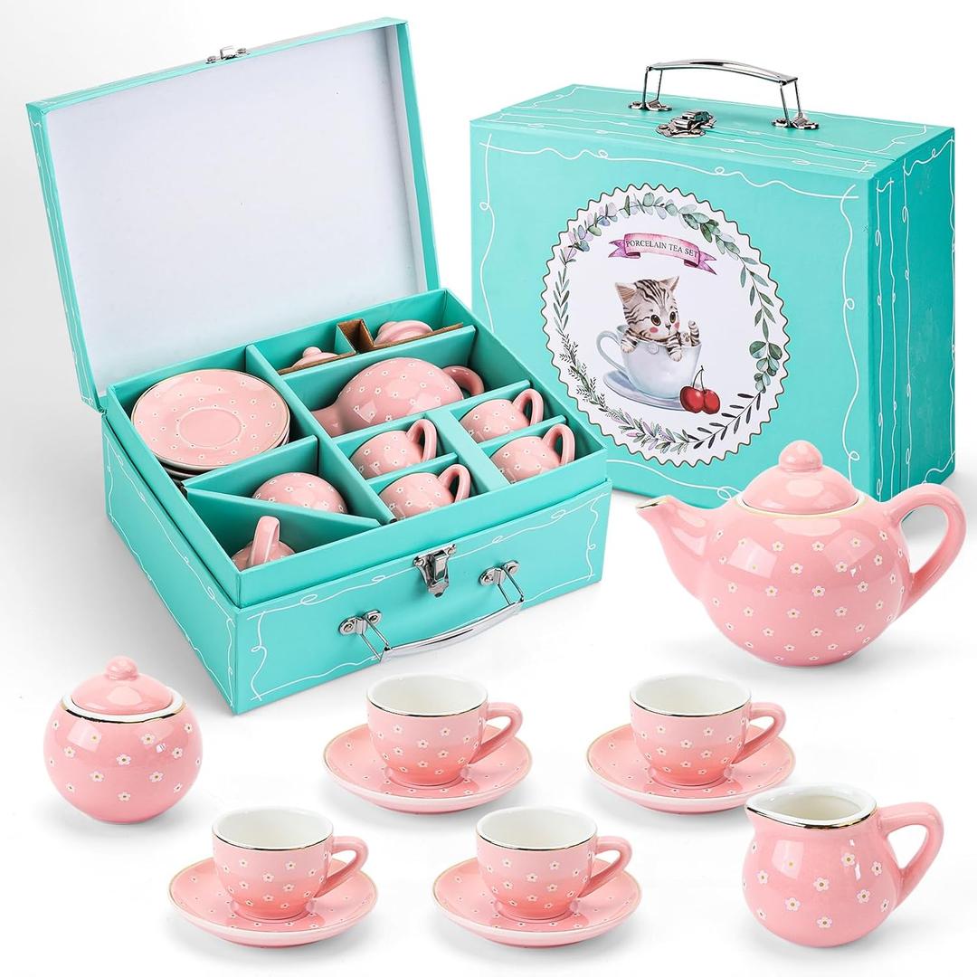 CHENP.HMC Tea Party Set for Little Girls, 13 Piece Sets Kids Tin Tea Party With Cups, Saucers, Plates & Serving Trays, Girls Birthday Gift (Pastel Polka Dots)