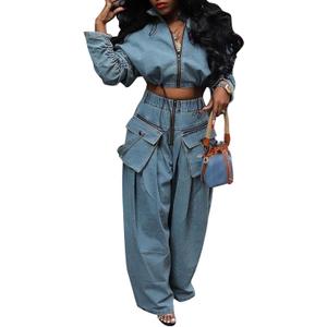 KANSOON Women Denim Set Jean 2 Piece Outfit Cargo Zip Long Sleeve Crop Jacket Wide Leg Pant Drawstring Loose Fit (Blue, S)