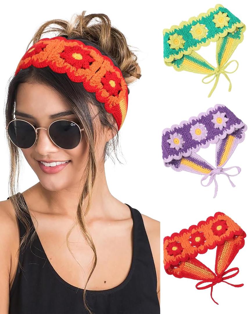 HAIMEIKANG Hippie Hair Bandanas Headbands for Women Boho Headband Knit Hair Bands Floral Head Wrap for Girls(red+green+purple)