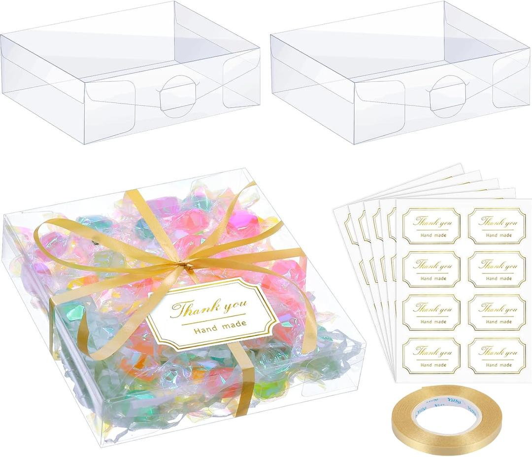 TaoBary 35 Pcs Clear Favor Boxes 4 x 4 x 1.2 Inch Transparent Rectangle PVC Plastic Boxes 40 Pcs Thank You Label Stickers and 1 Roll Gold Ribbon for Wedding Candy Chocolate Birthday