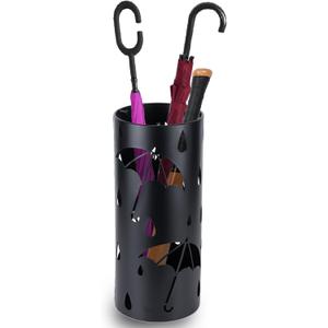 Umbrella Stand Rack for Entryway, Black Round Metal Umbrella Holder, Free Standing Umbrella Organizer Bin with 3 Hooks for Walk Stick, Home Office Indoor, 17 x 7 Inch