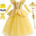 Belle Costume for Girls Yellow Princess Dress up Halloween Birthday Party Cosplay Outfits with Accessories (5-6Y)