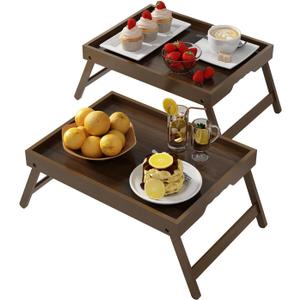 Artmalle Bed Tray Table Folding Legs with Handles Groove Breakfast Food Tray for Sofa, Bed, Eating, Drawing, Platters Serving Lap Desk Snack Trays, Medium (11.8" x 15.7" x 1.6") x 2 Pack, Brown