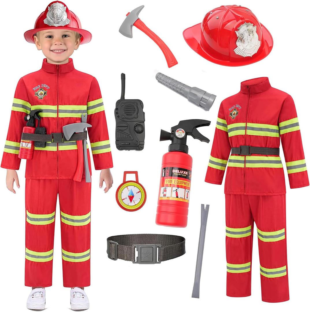 Avady Firefighter Costume for Kids Fireman Costume Fire Chief Dress Up Birthday Party Halloween Costumes, 9-10 Years, Red
