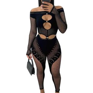 WEICHUJIAN Sexy One Piece Mesh Jumpsuit For Women Hollow See Through Bodysuit Off Shoulder Club Romper, S/M