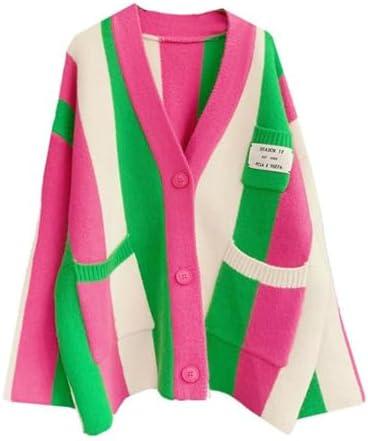 JASCLS Women's Long Sleeve Color Block Chunky Cable Knitted Oversized Sweater Cardigans for Women M/L