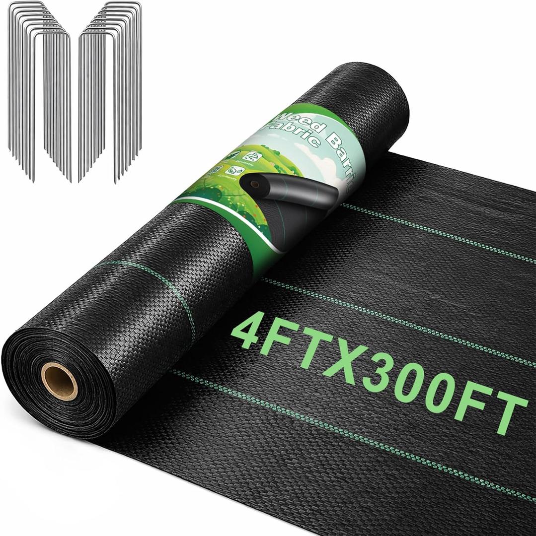 FEED GARDEN 4FT x 300FT Landscape Fabric Weed Barrier Fabric, Heavy Duty 3.2oz Weed Control Mat, Weed Blocker Ground Cover Geotextile Fabric for Gardening, with 20 U-Shaped Stakes