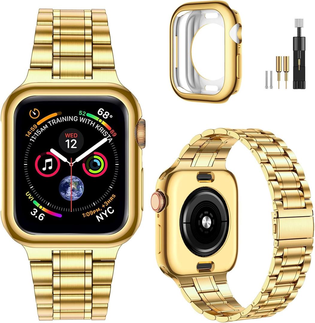 MioHHR Solid Stainless Steel Band Compatible with Apple Watch 46mm (Series 10), Metal Strap with Soft TPU Case for iWatch Series 10 46mm Women and Men, Gold (46 mm (Series 10))