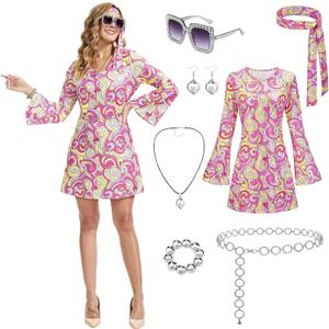 70s Disco Outfits Dress,7 PCS 70s Hippie Costume for Women Necklace Earrings Glasses Bracelet and Waist Chain (Pink, XX-Large)
