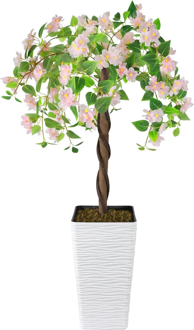 Artificial Cherry Blossom Tree 4FT, Fake Floral Tree with White Planter, Decorative Topiary Plant, Potted Faux Plant for Home Porch Decor Indoor Outdoor (Pink, 4FT)