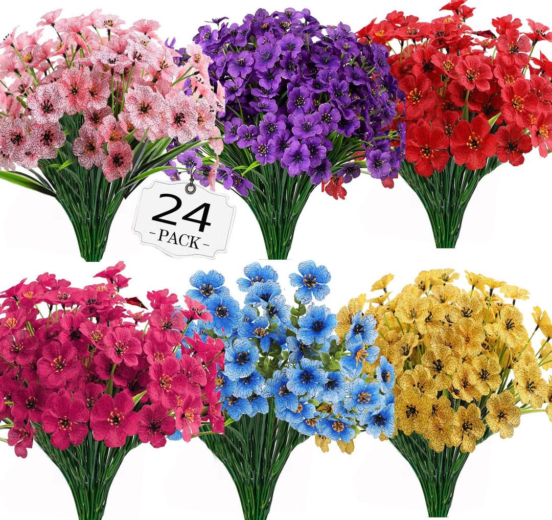24Bundles Artificial Flowers for Indoor,No Fade Fake Plastic Flowers Faux Plants for Decoration Hanging Planters Garden Porch Window Box Home Wedding Farmhouse (Small Flower)