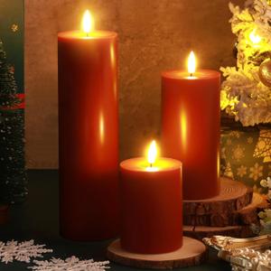 Retisee 3 Pcs Christmas Red Large Flameless LED Battery Operated Candles with Remote Xmas Pillar Flameless Flickering Candles for Indoor Outdoor Santa Party Wedding Light Decor(4''/6''/10'' x 3'')