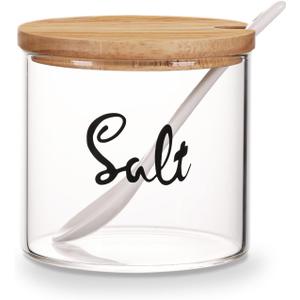 Clear Glass Salt Bowl with Serving Spoon and Lid, Farmhouse Kitchen Countertop Canisters, Container Jar Dispenser Holder for Home Kitchen,12 oz